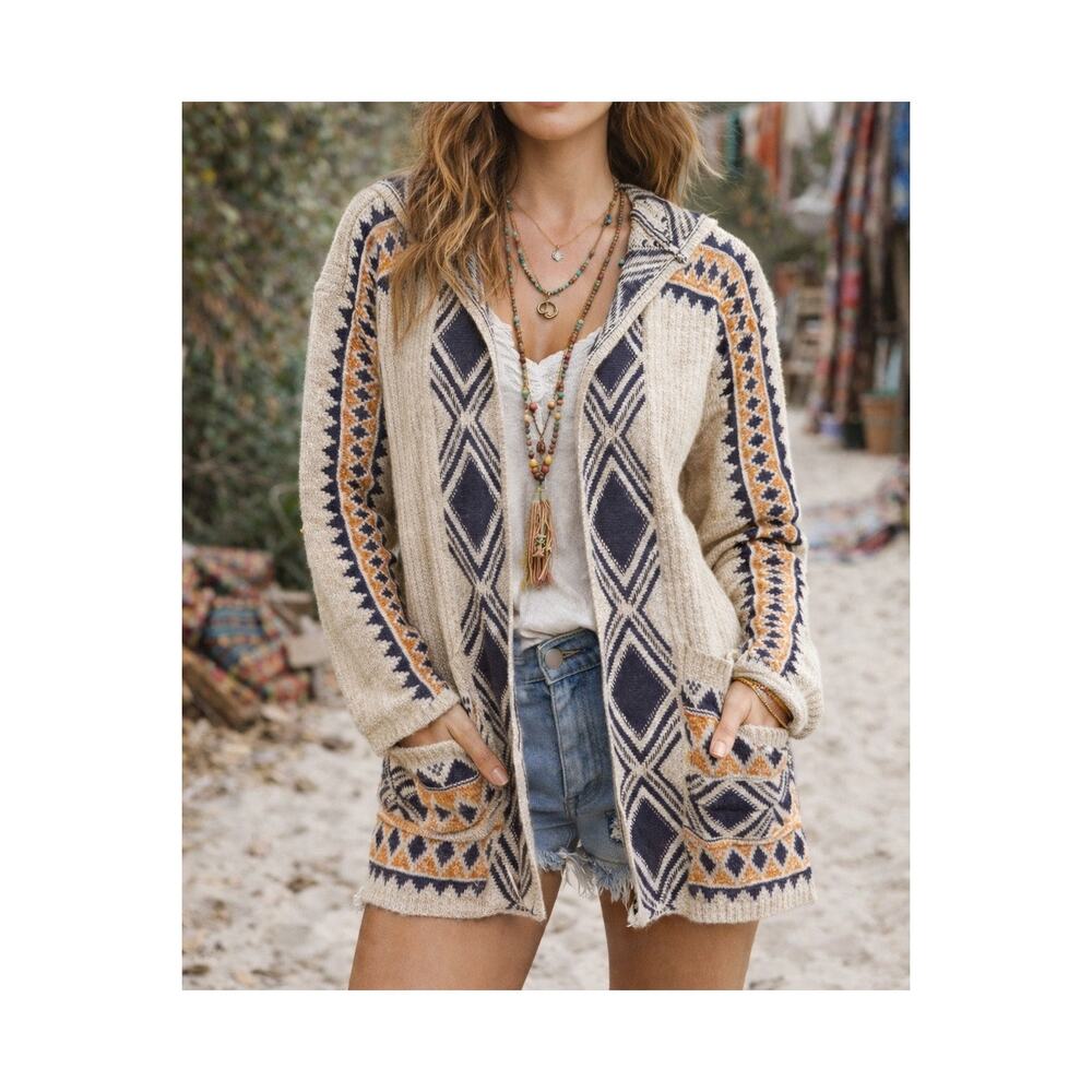 NWT Lucky Brand Boho Southwestern Aztec Open Front Hooded Cardigan Sweater Small